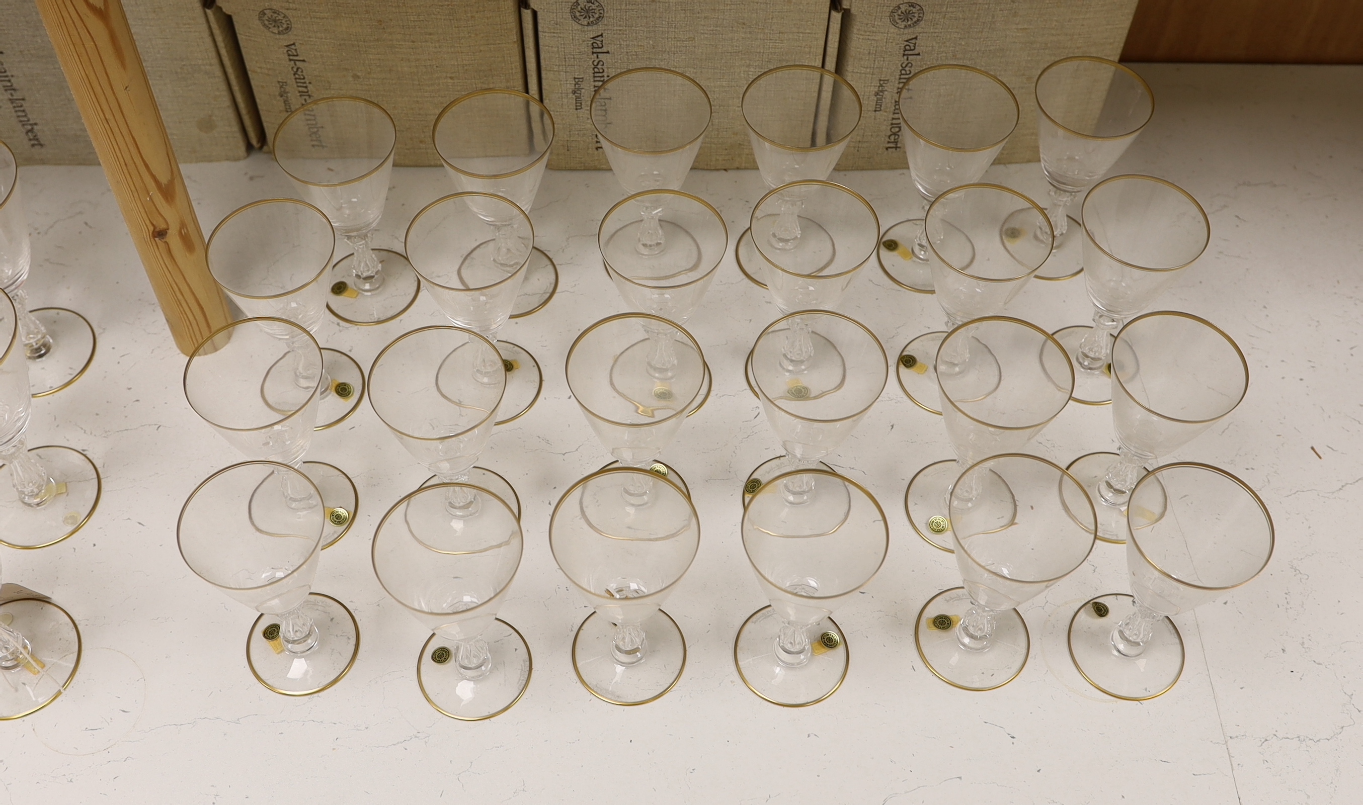 A Val St. Lambert thirty six piece suite of Crown pattern glassware with six boxes, largest each 17cm high